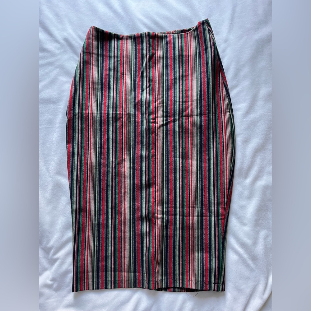Vertical Multi-Stripe Pencil Skirt — Red, Green, Black